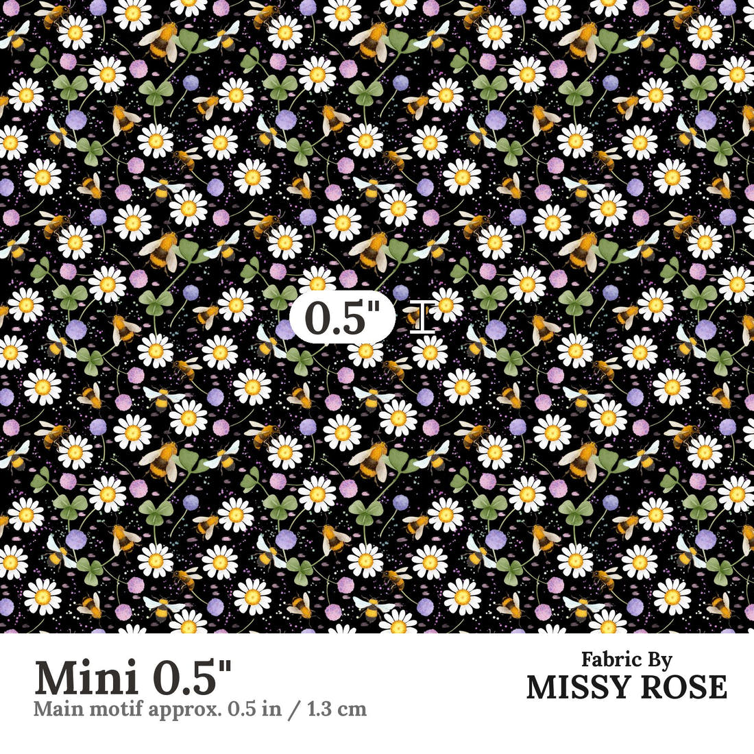 Design 610 Black Bee Fabric Mini 0.5" - print scale | Fabric by Missy Rose