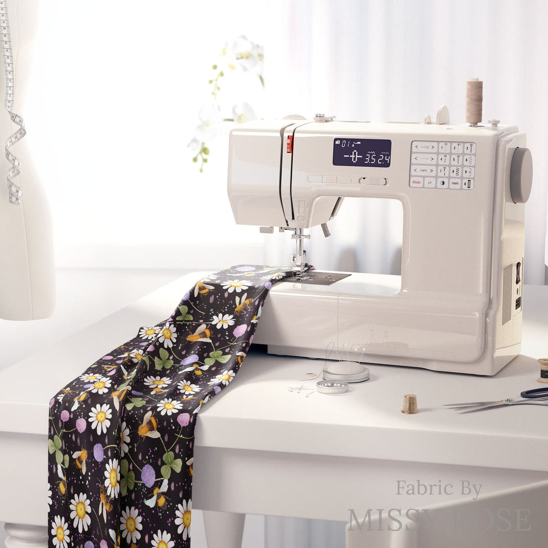 Design 610 Black Bee Fabric on a sewing machine – premium fabric for sewing projects | Fabric by Missy Rose
