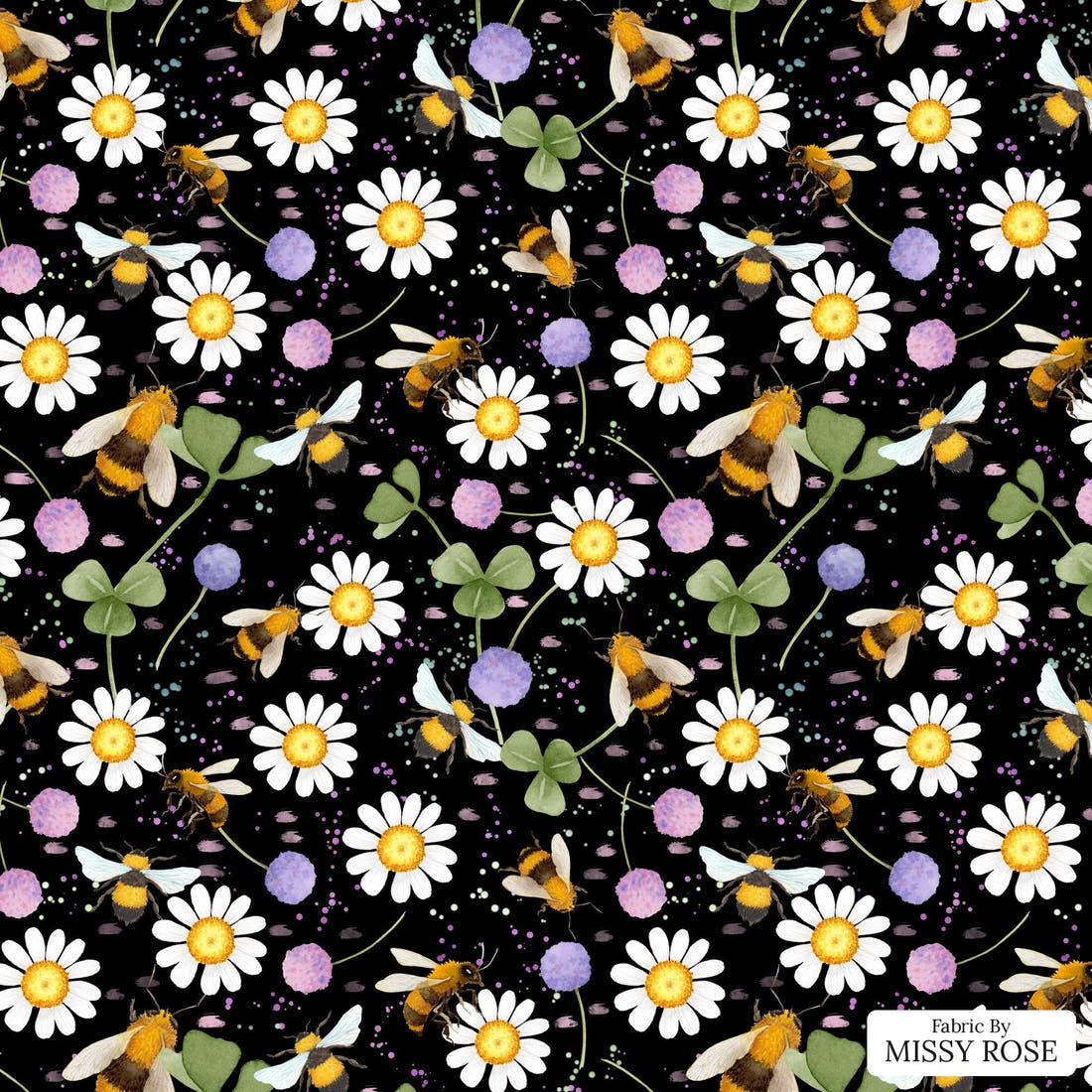 Design 610 Black Bee Fabric - flat view of the print, zoom in for detail | Fabric by Missy Rose