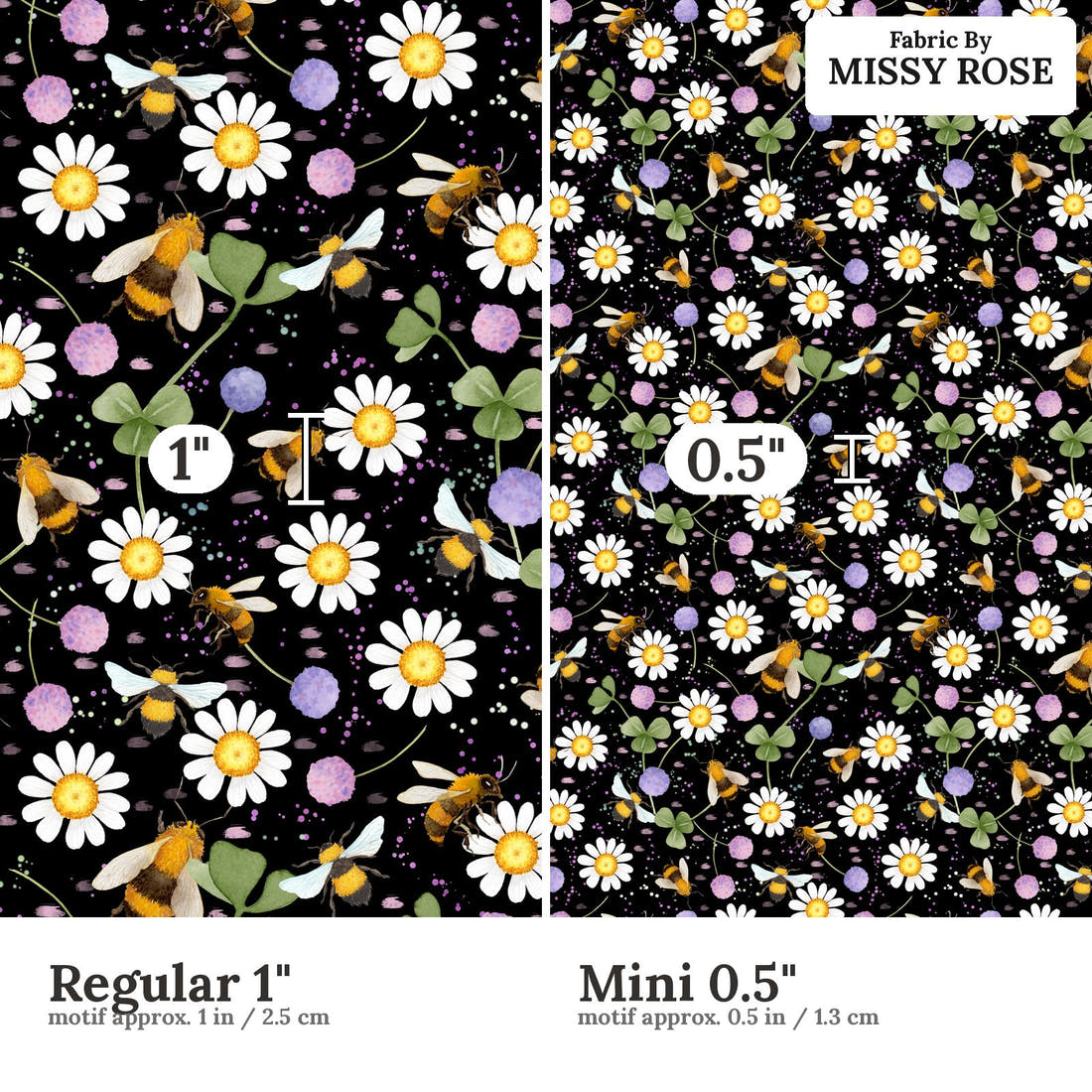 Design 610 Black Bee Fabric size comparison - print scale | Fabric by Missy Rose