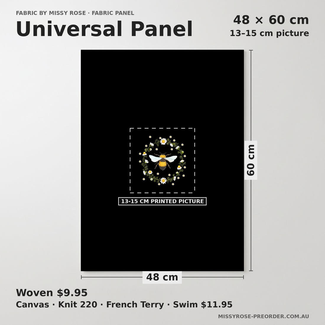 Design 610 Black Bee Panel universal panel sizing – 13–15 cm printed picture on 48 × 60 cm fabric | Fabric by Missy Rose