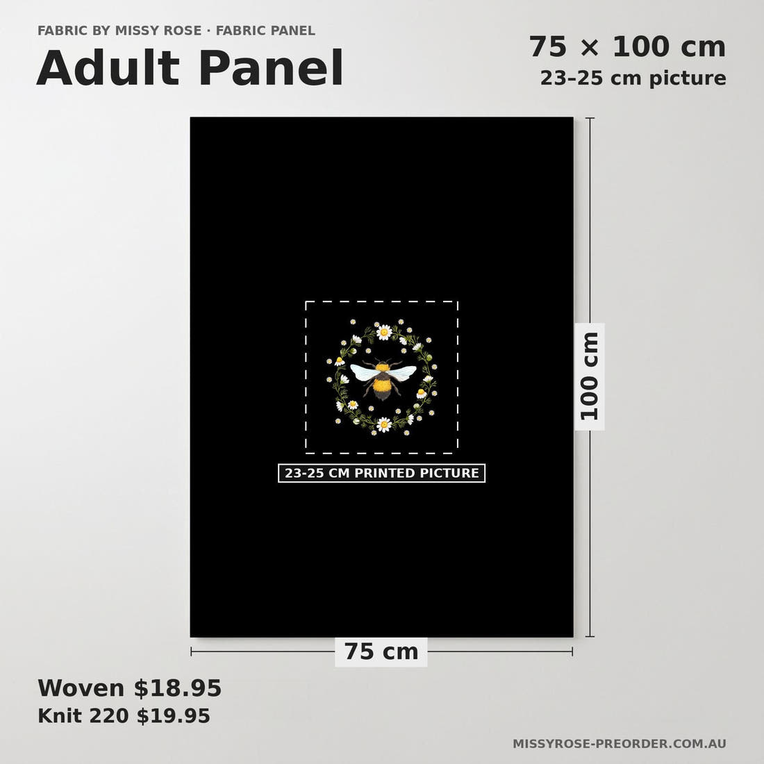 Design 610 Black Bee Panel adult panel sizing – 23–25 cm printed picture on 75 × 100 cm fabric | Fabric by Missy Rose