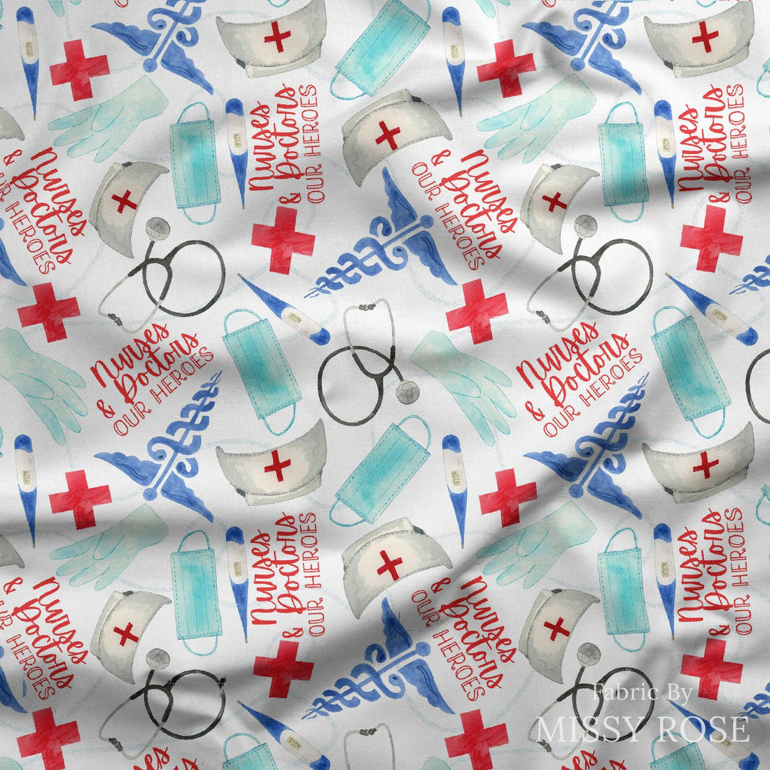 Design 611 Nurses and Doctors Fabric draped fabric mockup – custom printed fabric by the metre | Fabric by Missy Rose