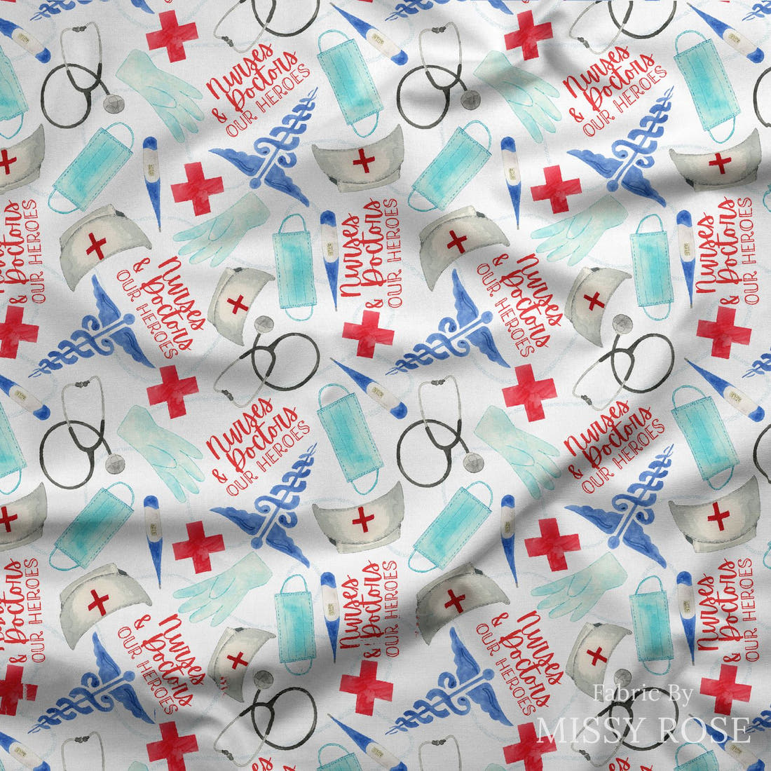 Design 611 Nurses and Doctors Fabric draped fabric mockup – custom printed fabric by the metre | Fabric by Missy Rose