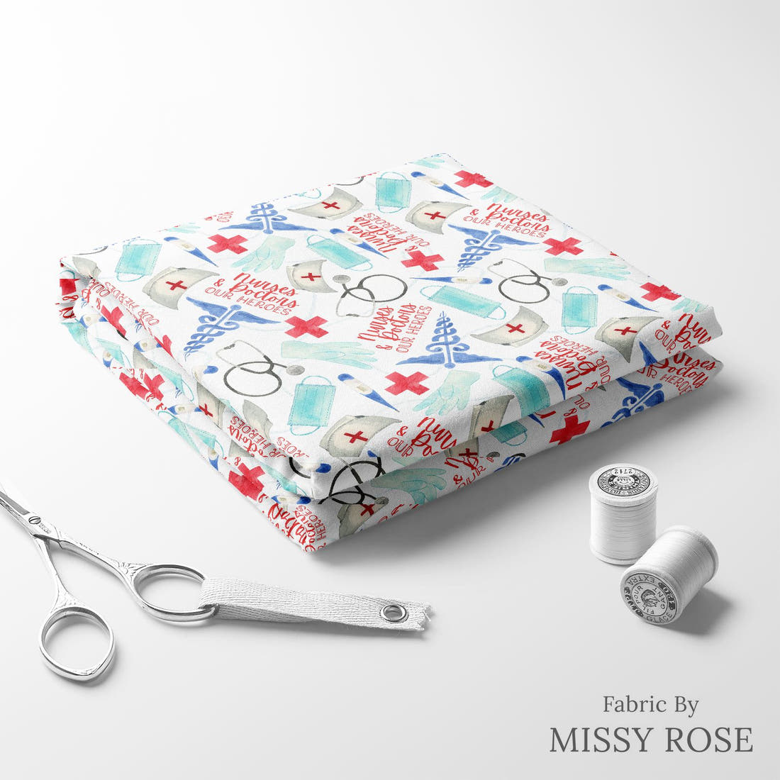 Design 611 Nurses and Doctors Fabric folded fabric stack with matching thread – pre-order fabric Australia | Fabric by Missy Rose