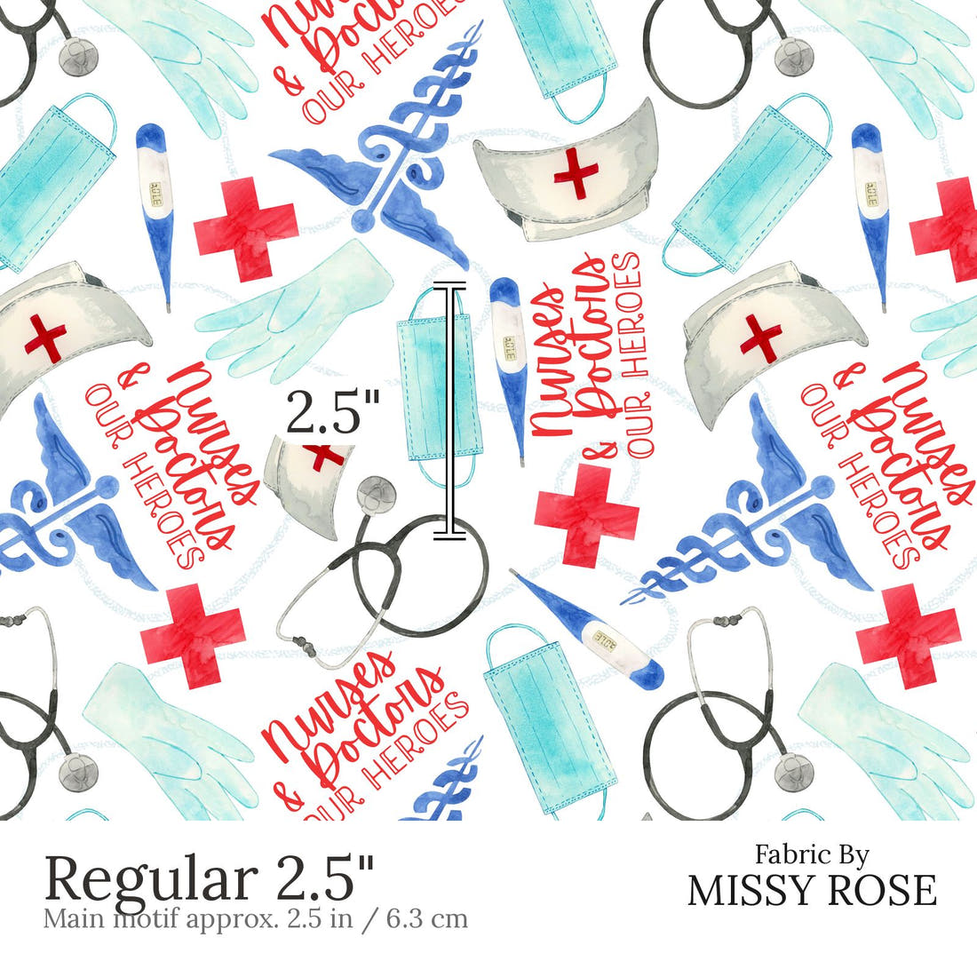 Design 611 Nurses and Doctors Fabric Regular 2.5 inch print scale guide | Fabric by Missy Rose