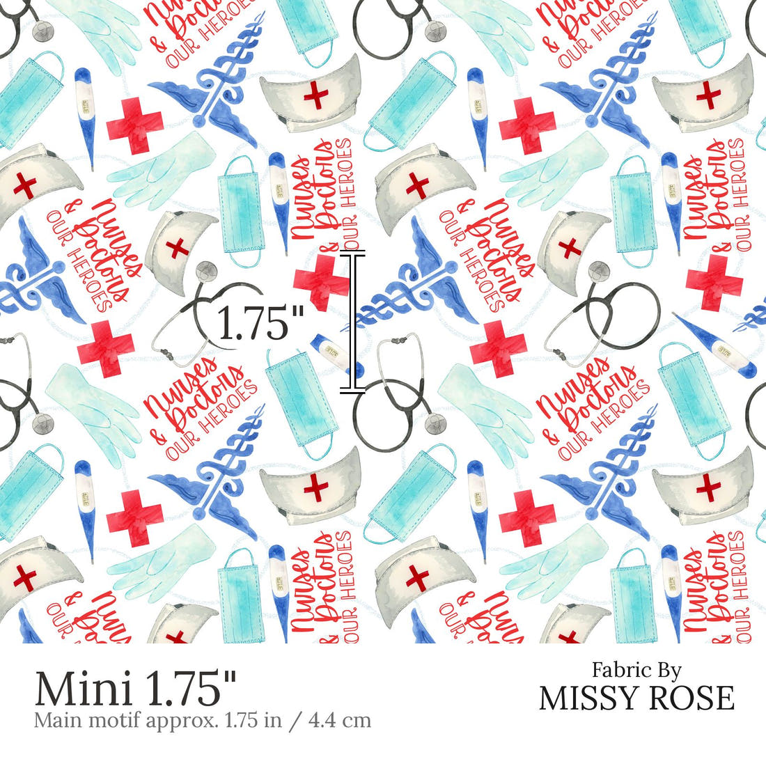 Design 611 Nurses and Doctors Fabric Mini 1.75 inch print scale guide | Fabric by Missy Rose