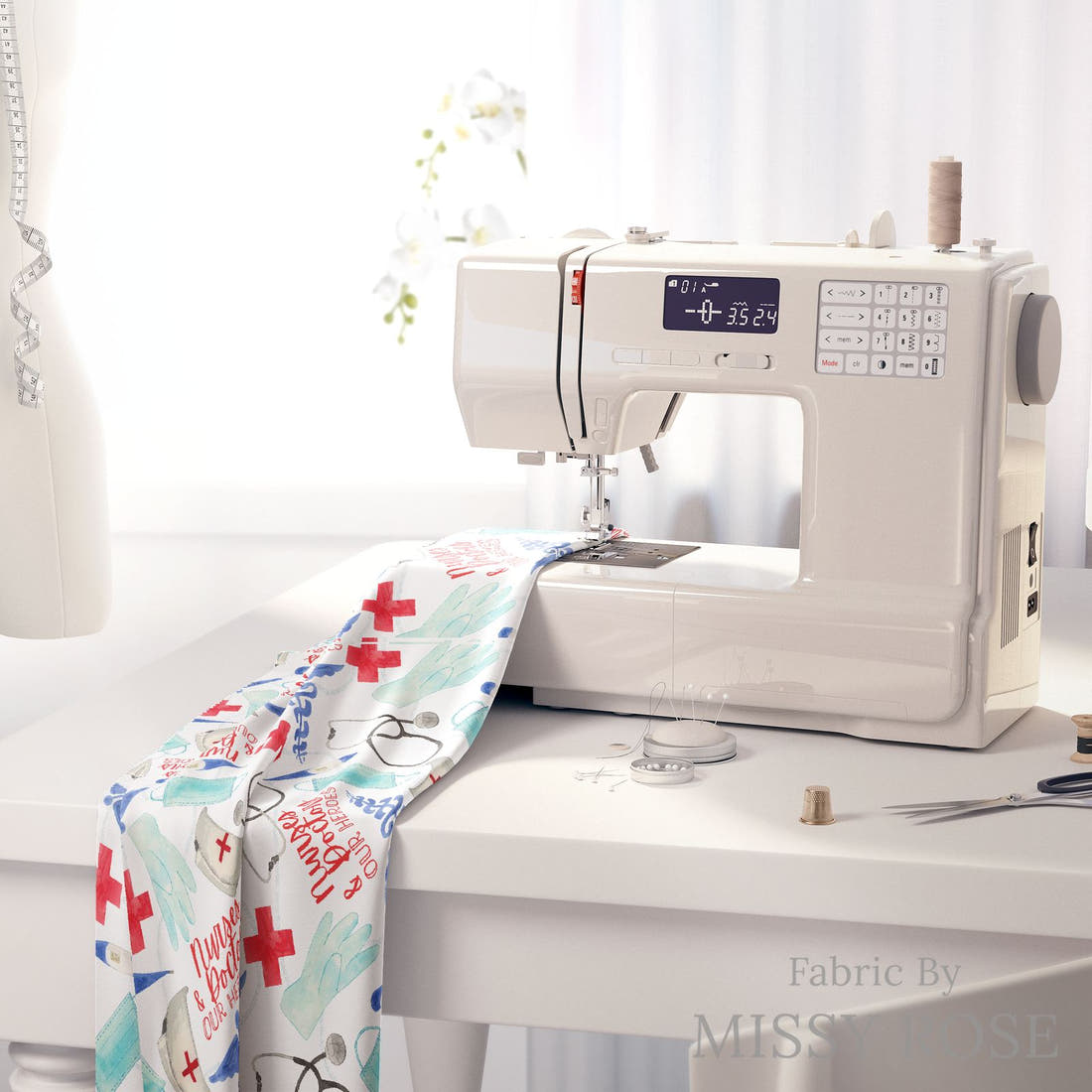 Design 611 Nurses and Doctors Fabric on a sewing machine – premium fabric for sewing projects | Fabric by Missy Rose