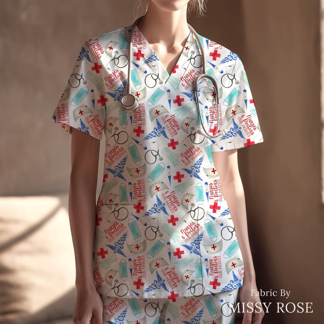 Design 611 Nurses and Doctors Fabric sewn into a scrubs top – see how the print looks made up | Fabric by Missy Rose