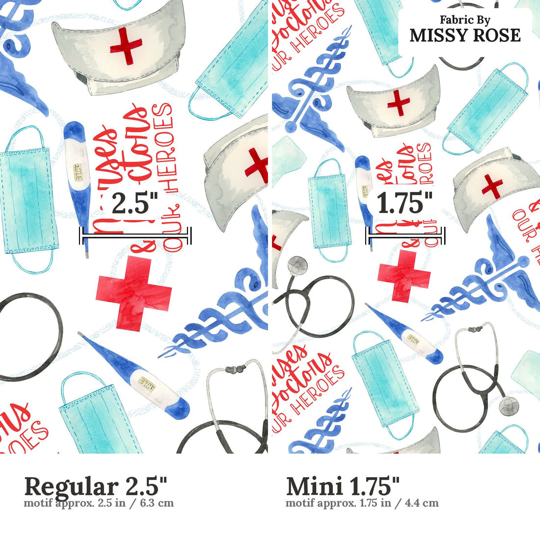 Design 611 Nurses and Doctors Fabric size comparison - print scale | Fabric by Missy Rose