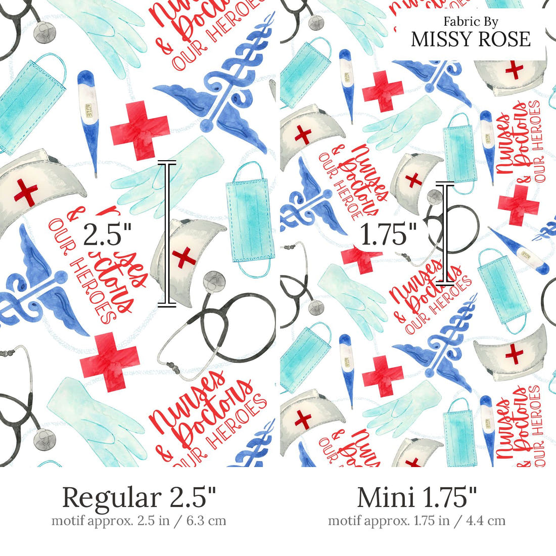 Design 611 Nurses and Doctors Fabric Regular 2.5 inch vs Mini 1.75 inch print scale side by side | Fabric by Missy Rose