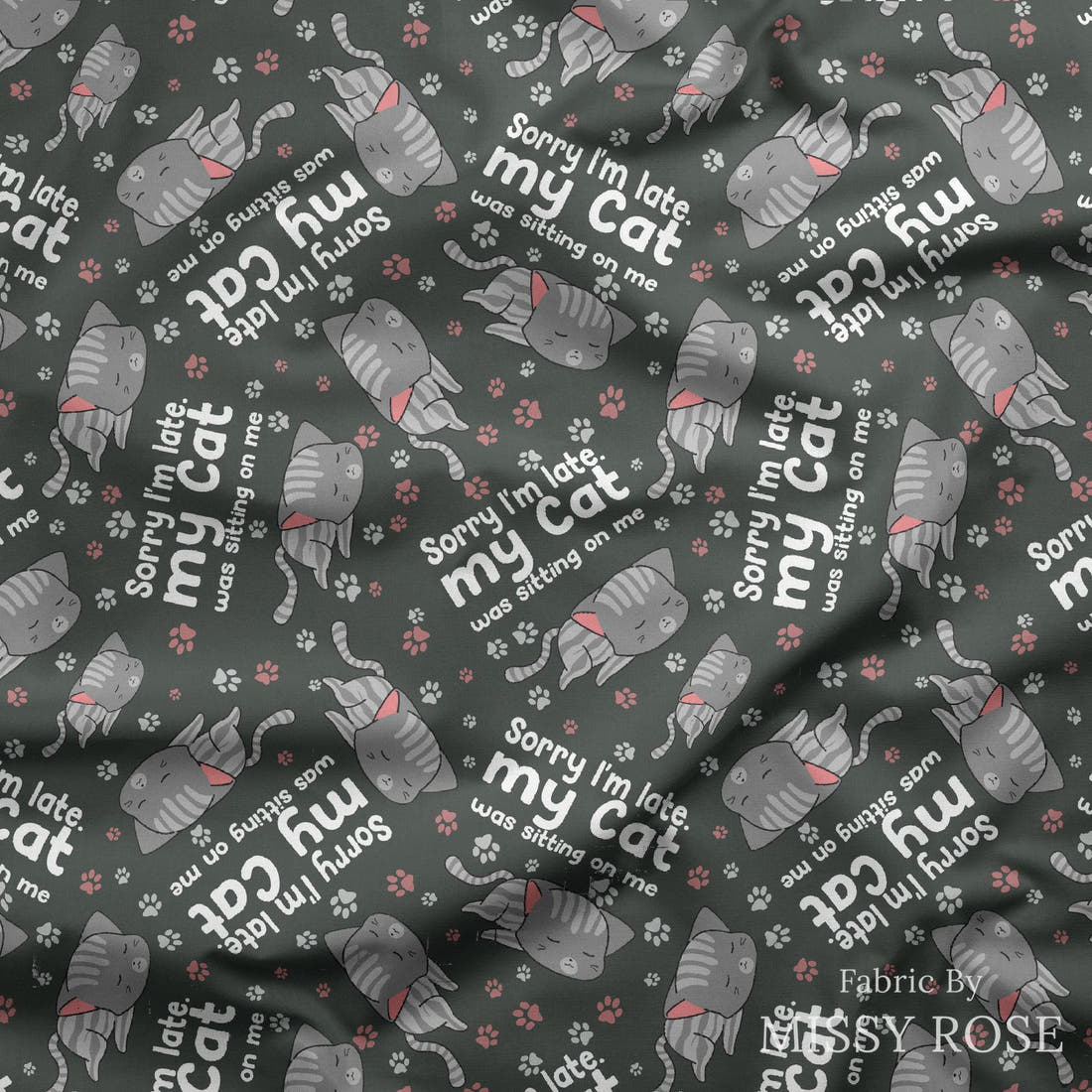 Design 612 Cat Fabric draped fabric mockup – custom printed fabric by the metre | Fabric by Missy Rose