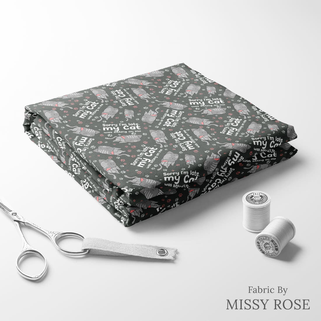 Design 612 Cat Fabric folded fabric stack with matching thread – pre-order fabric Australia | Fabric by Missy Rose