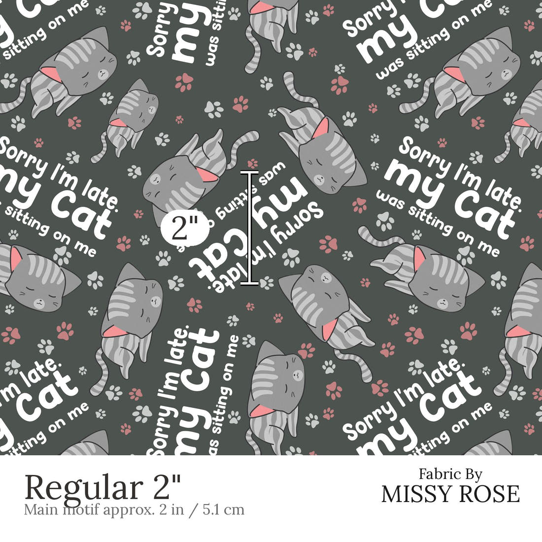 Design 612 Cat Fabric Regular 2 inch print scale guide | Fabric by Missy Rose