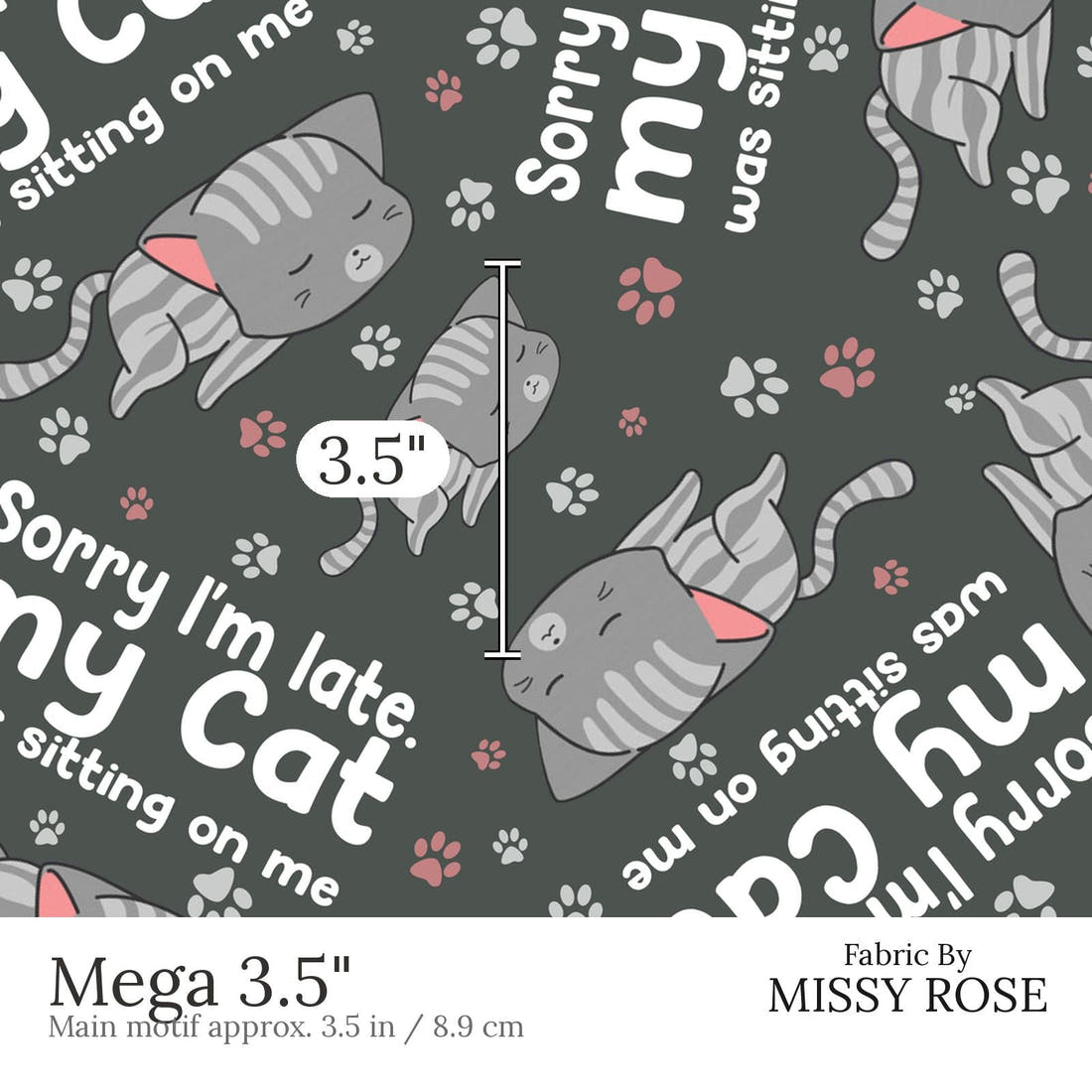 Design 612 Cat Fabric Mega 3.5 inch print scale guide | Fabric by Missy Rose