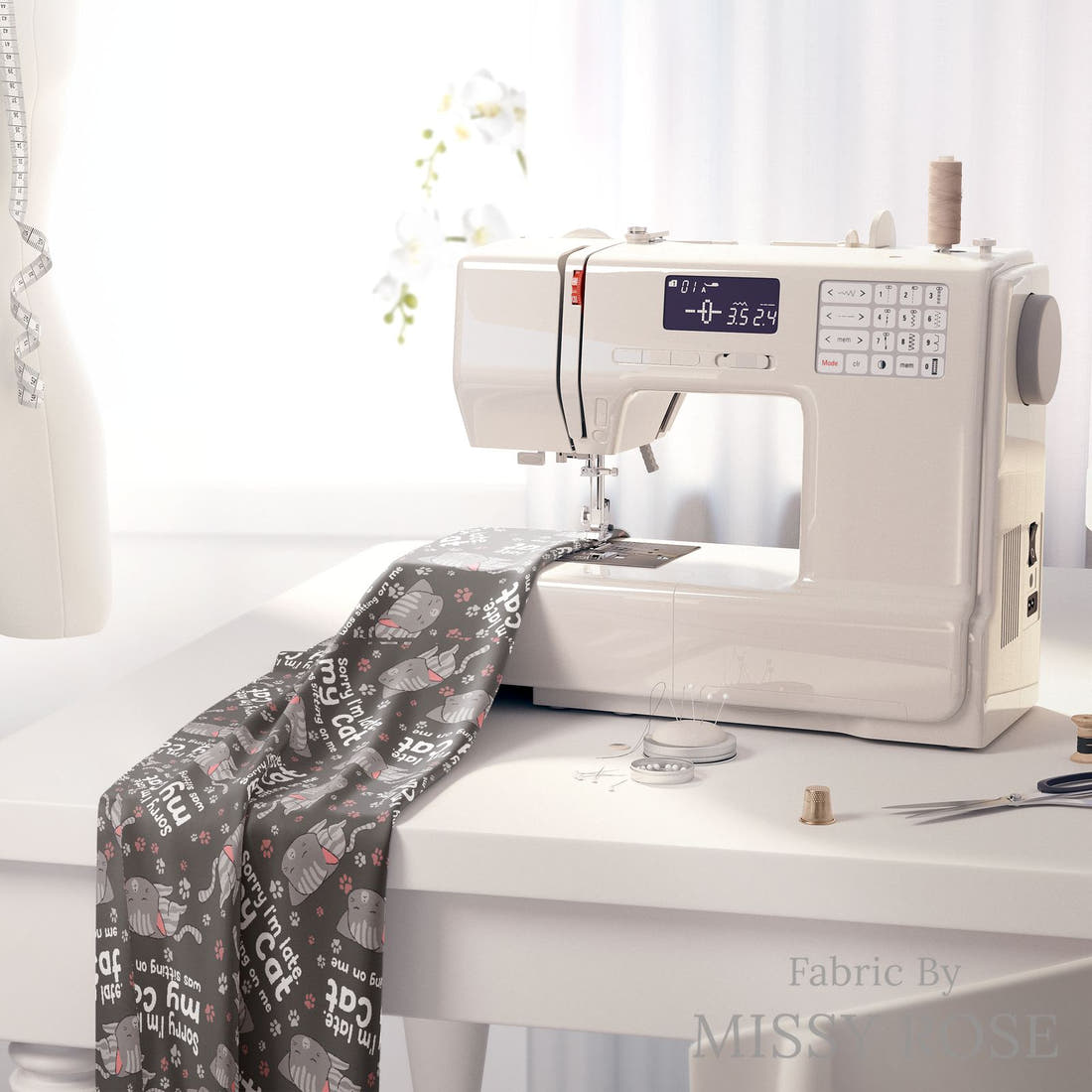 Design 612 Cat Fabric on a sewing machine – premium fabric for sewing projects | Fabric by Missy Rose