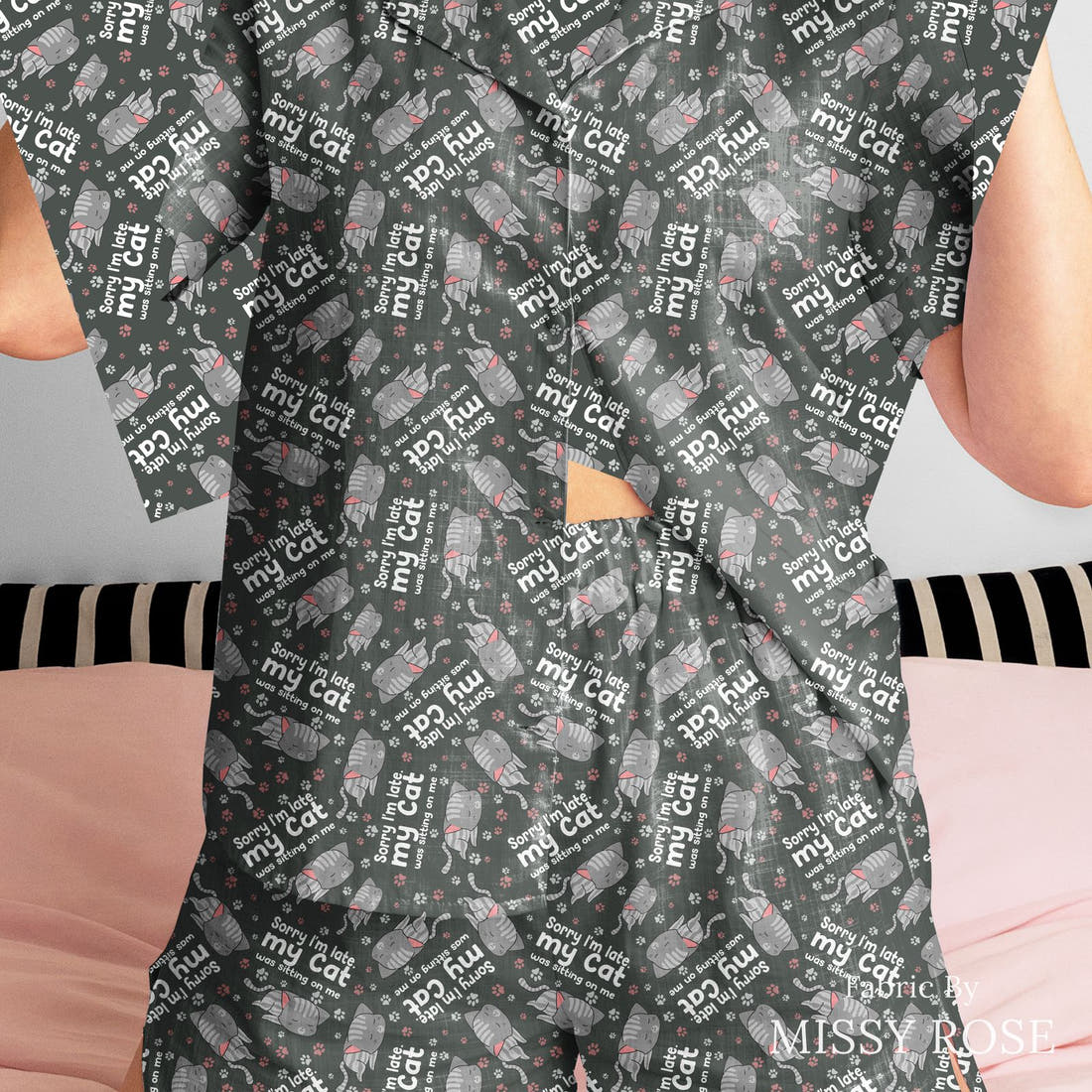 Design 612 Cat Fabric sewn into a women's pyjama set – see how the print looks made up | Fabric by Missy Rose