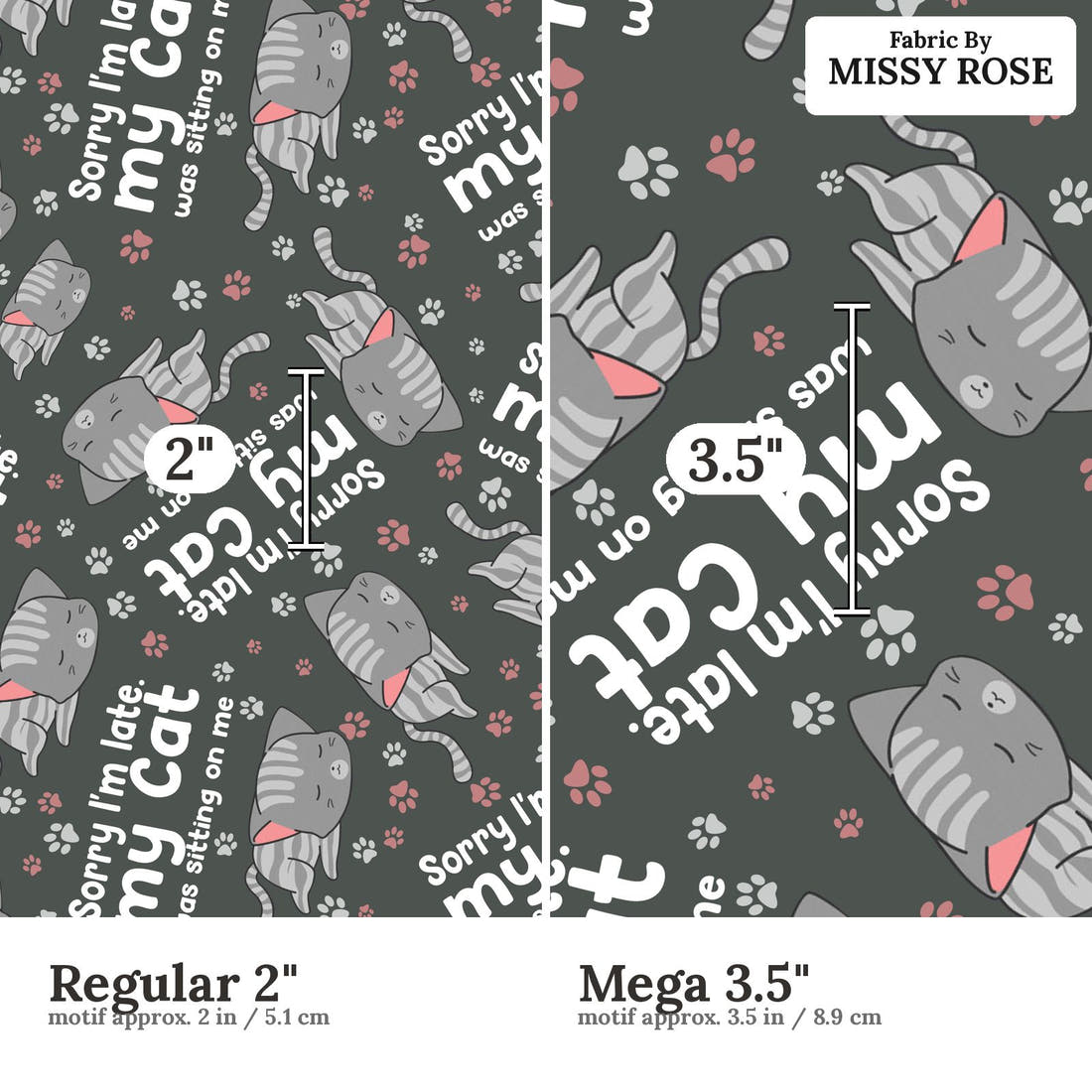 Design 612 Cat Fabric size comparison - print scale | Fabric by Missy Rose