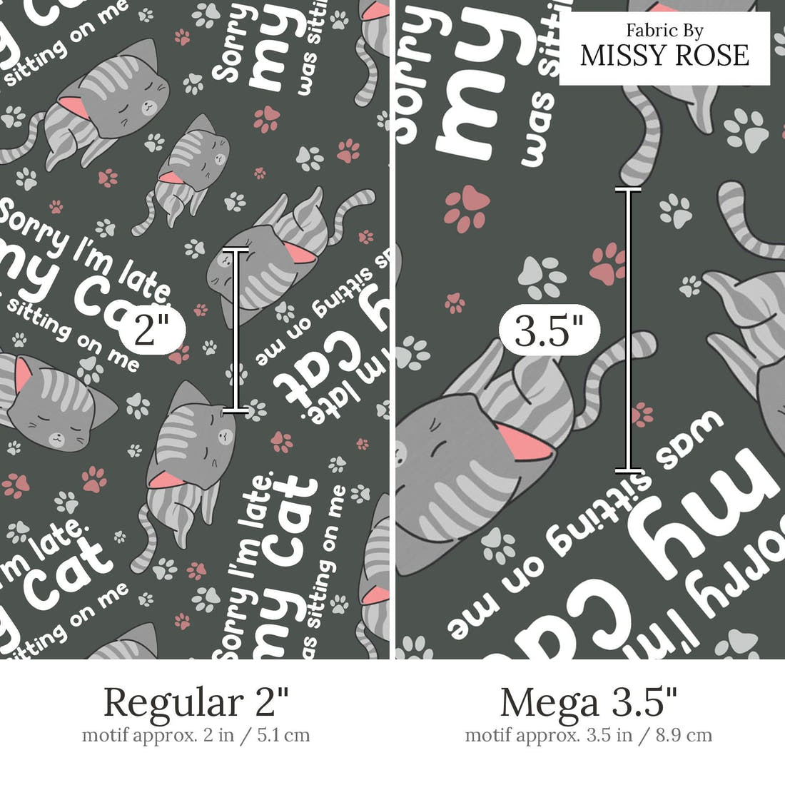 Design 612 Cat Fabric Regular 2 inch vs Mega 3.5 inch print scale side by side | Fabric by Missy Rose