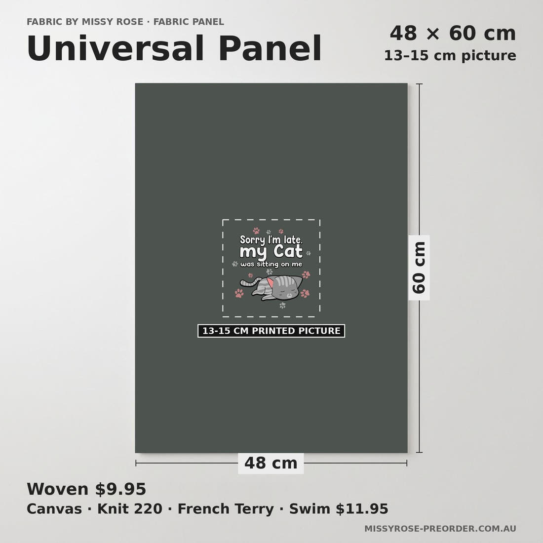 Design 612 Cat Panel universal panel sizing – 13–15 cm printed picture on 48 × 60 cm fabric | Fabric by Missy Rose