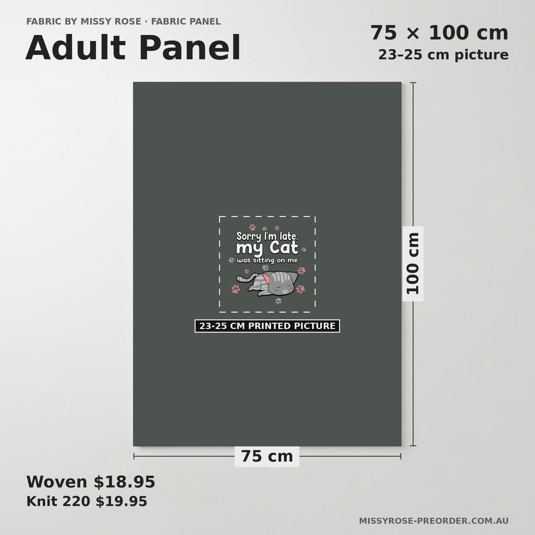 Design 612 Cat Panel adult panel sizing – 23–25 cm printed picture on 75 × 100 cm fabric | Fabric by Missy Rose