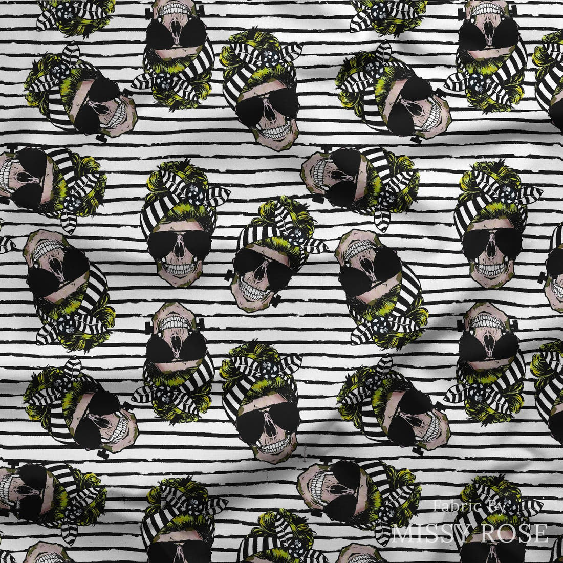 Design 613 Striped Skull Fabric draped fabric mockup – custom printed fabric by the metre | Fabric by Missy Rose