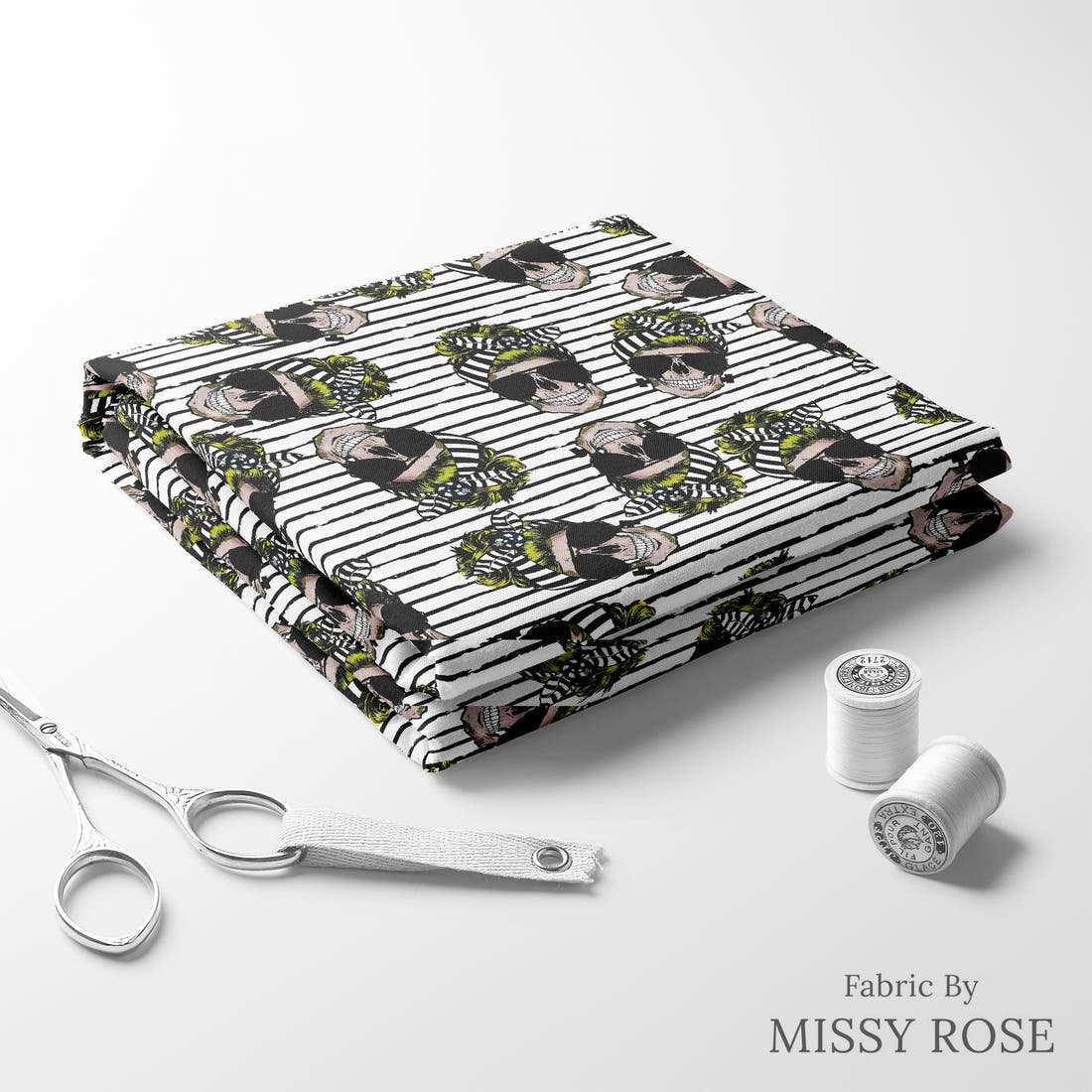 Design 613 Striped Skull Fabric folded fabric stack with matching thread – pre-order fabric Australia | Fabric by Missy Rose