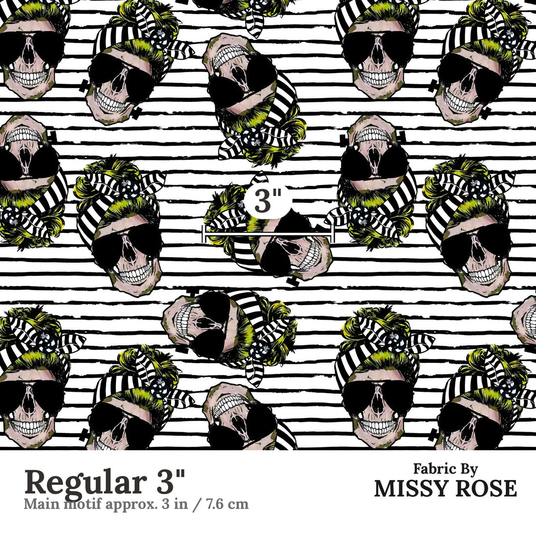Design 613 Striped Skull Fabric Regular 3" - print scale | Fabric by Missy Rose