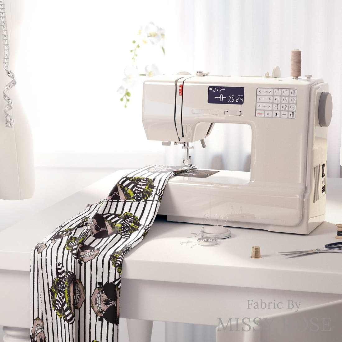 Design 613 Striped Skull Fabric on a sewing machine – premium fabric for sewing projects | Fabric by Missy Rose