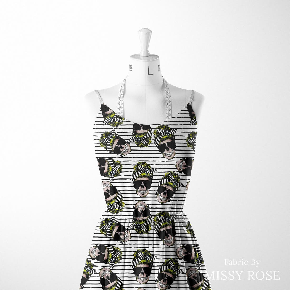 Design 613 Striped Skull Fabric sewn into a women's dress – see how the print looks made up | Fabric by Missy Rose