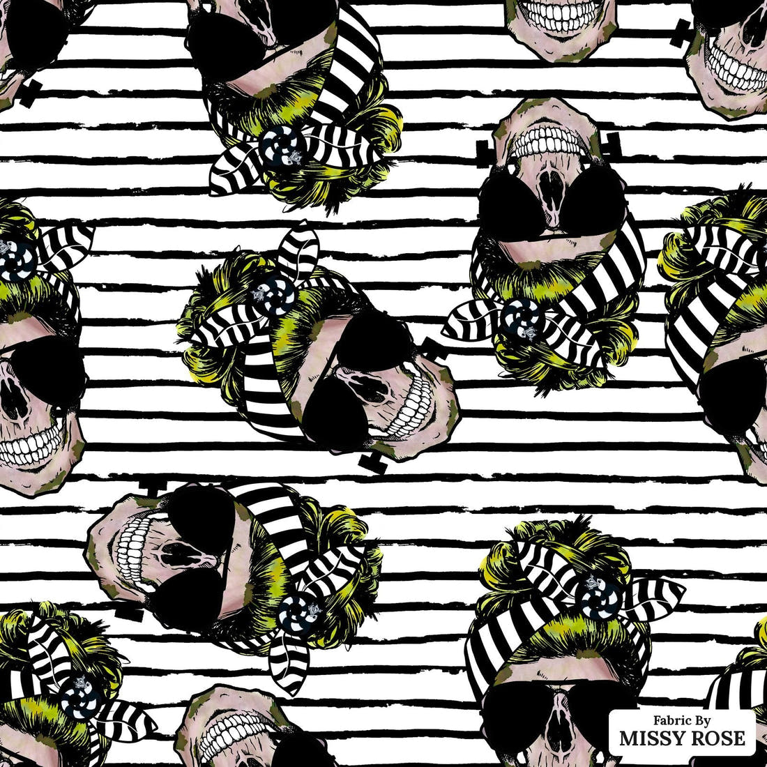 Design 613 Striped Skull Fabric - flat view of the print, zoom in for detail | Fabric by Missy Rose