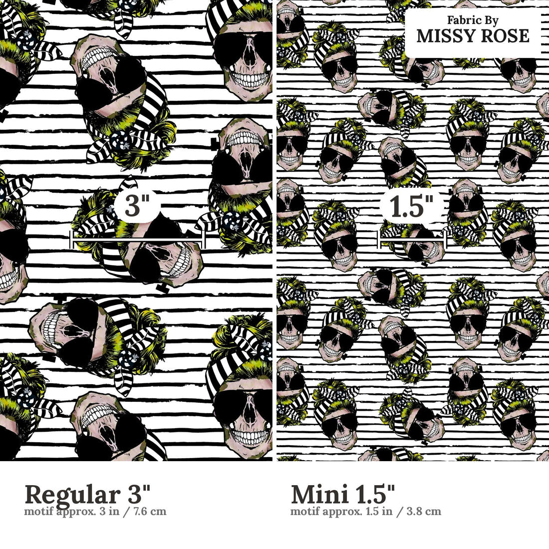 Design 613 Striped Skull Fabric size comparison - print scale | Fabric by Missy Rose
