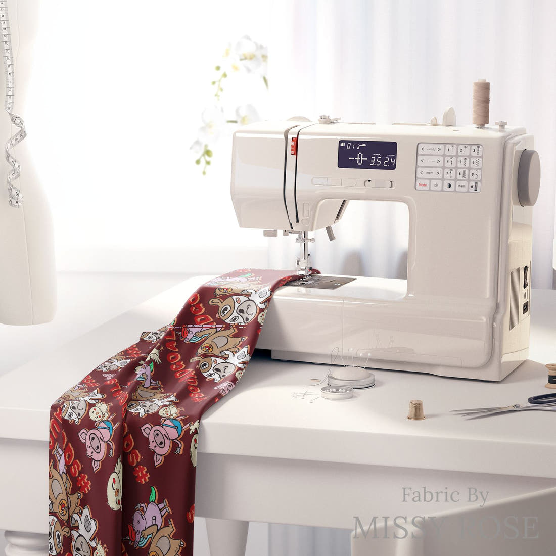 Design 614 Squad Goals Fabric on a sewing machine – premium fabric for sewing projects | Fabric by Missy Rose