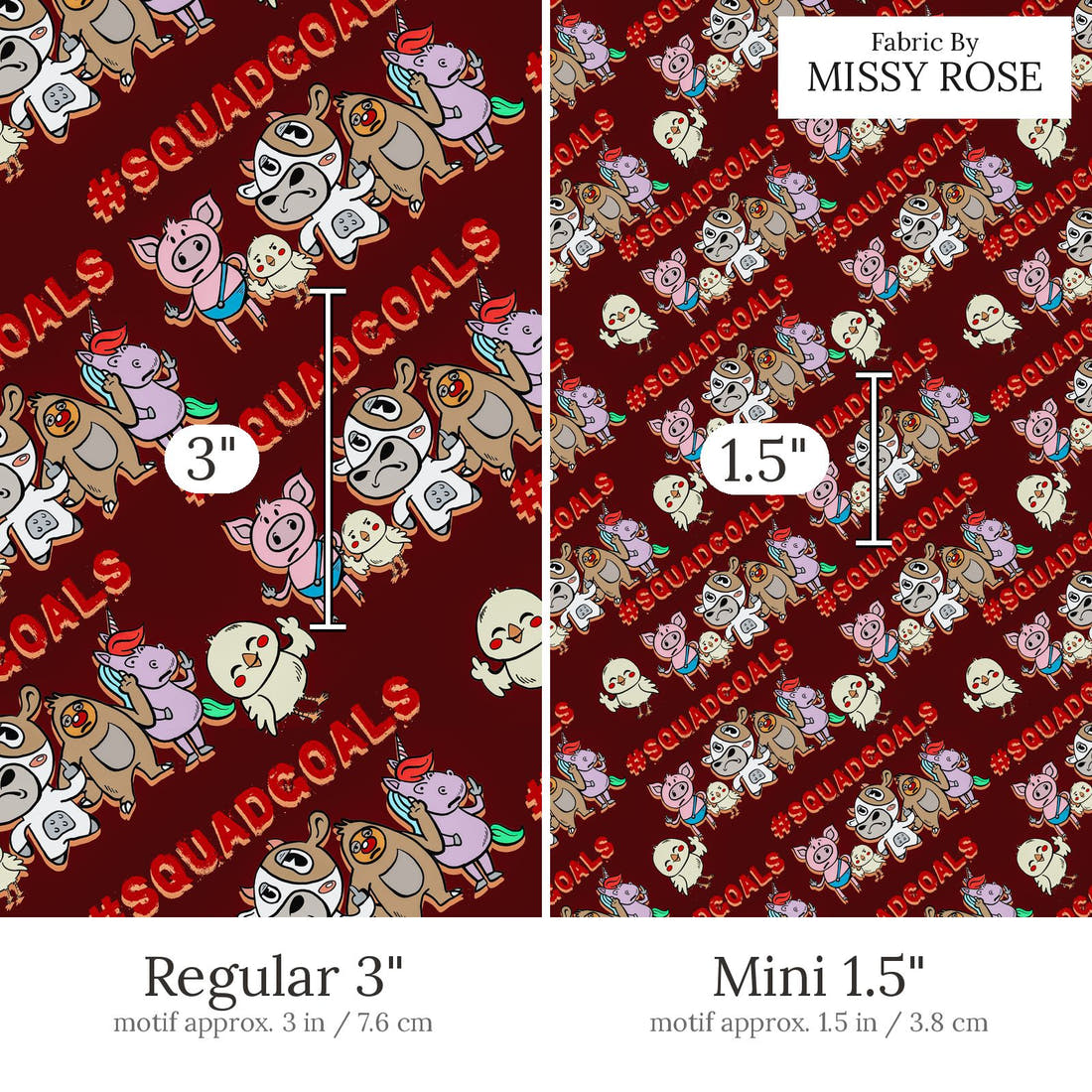 Design 614 Squad Goals Fabric Regular 3 inch vs Mini 1.5 inch print scale side by side | Fabric by Missy Rose