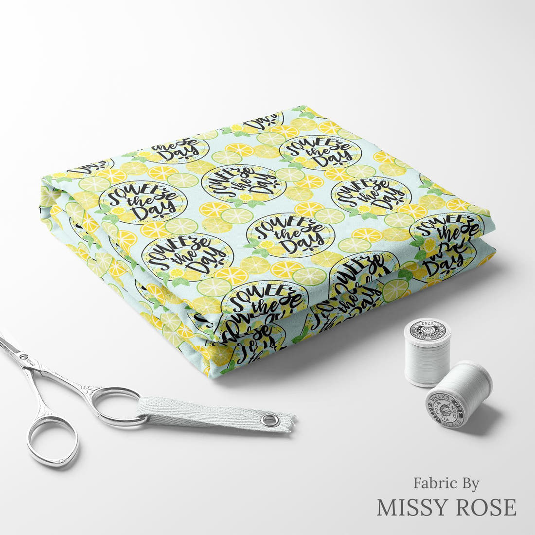 Design 615 Lemon Fabric folded fabric stack with matching thread – pre-order fabric Australia | Fabric by Missy Rose