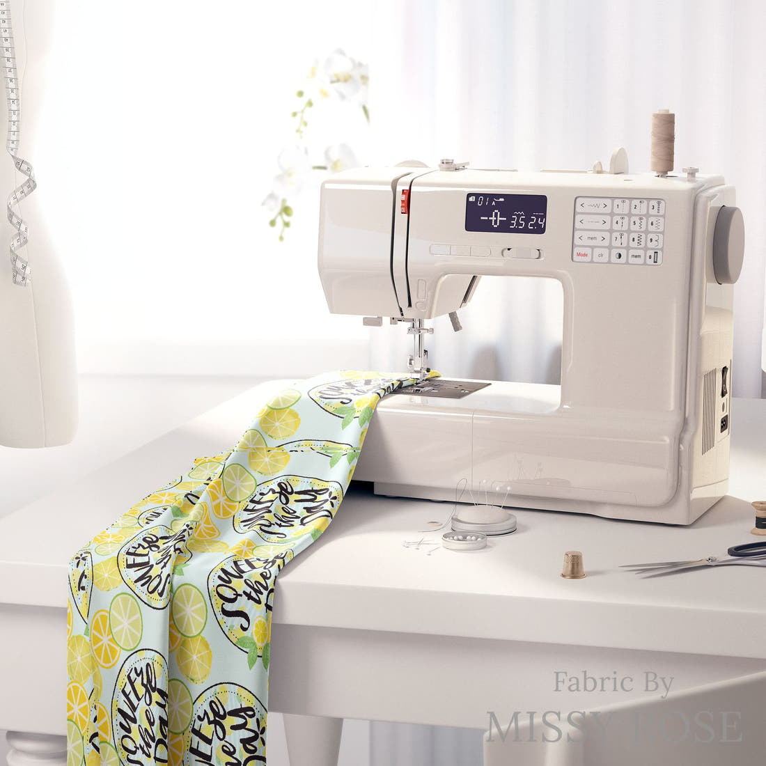 Design 615 Lemon Fabric on a sewing machine – premium fabric for sewing projects | Fabric by Missy Rose
