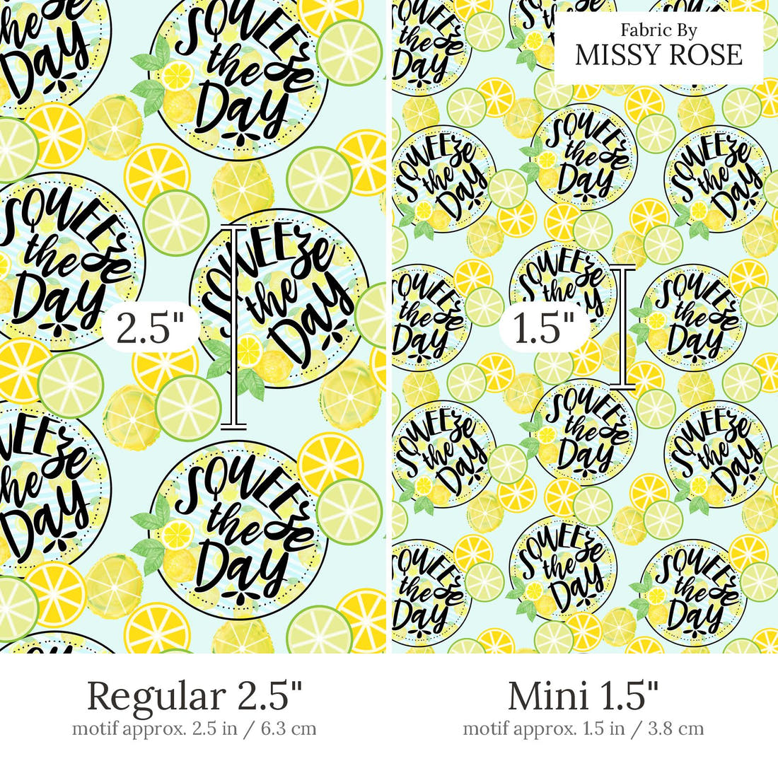 Design 615 Lemon Fabric Regular 2.5 inch vs Mini 1.5 inch print scale side by side | Fabric by Missy Rose