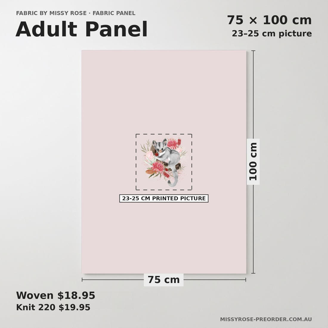 Design 616 Sugar Glider Panel adult panel sizing – 23–25 cm printed picture on 75 × 100 cm fabric | Fabric by Missy Rose