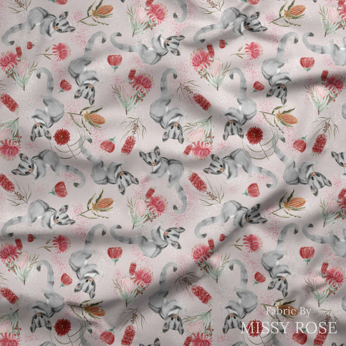 Design 616 Sugar Glider Fabric draped fabric mockup – custom printed fabric by the metre | Fabric by Missy Rose