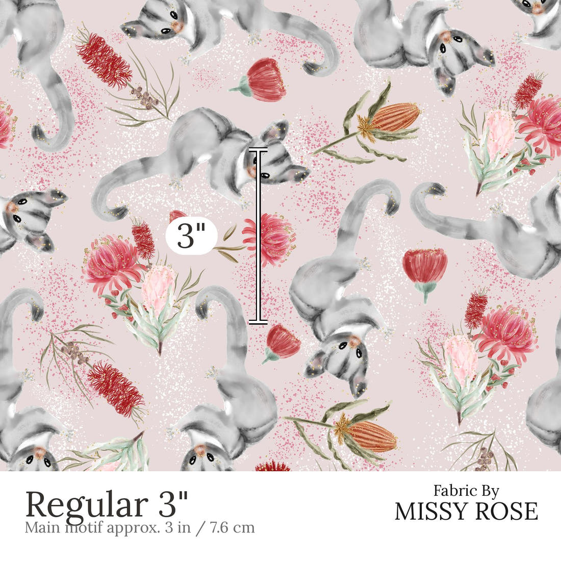 Design 616 Sugar Glider Fabric Regular 3 inch print scale guide | Fabric by Missy Rose