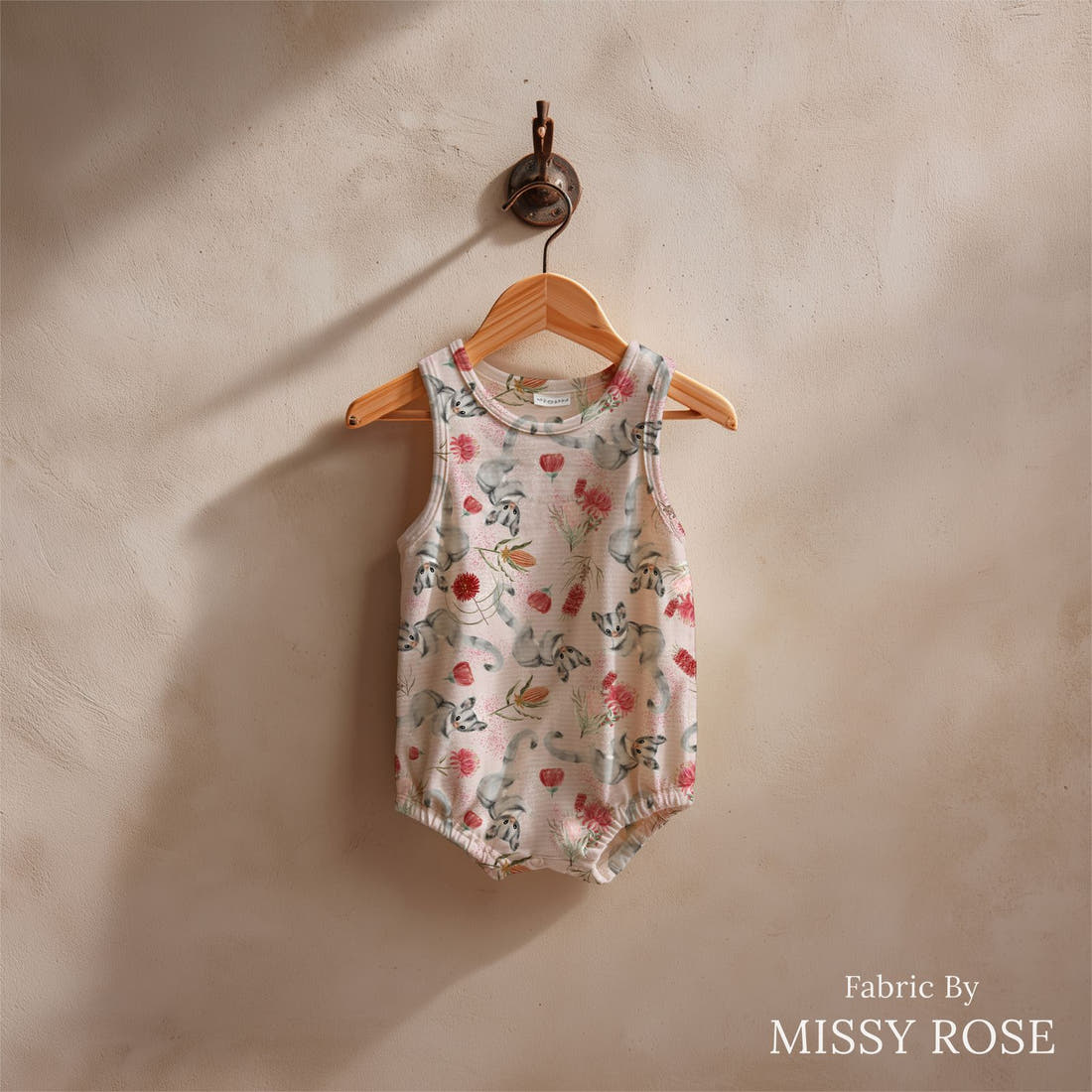 Design 616 Sugar Glider Fabric sewn into a baby romper – see how the print looks made up | Fabric by Missy Rose