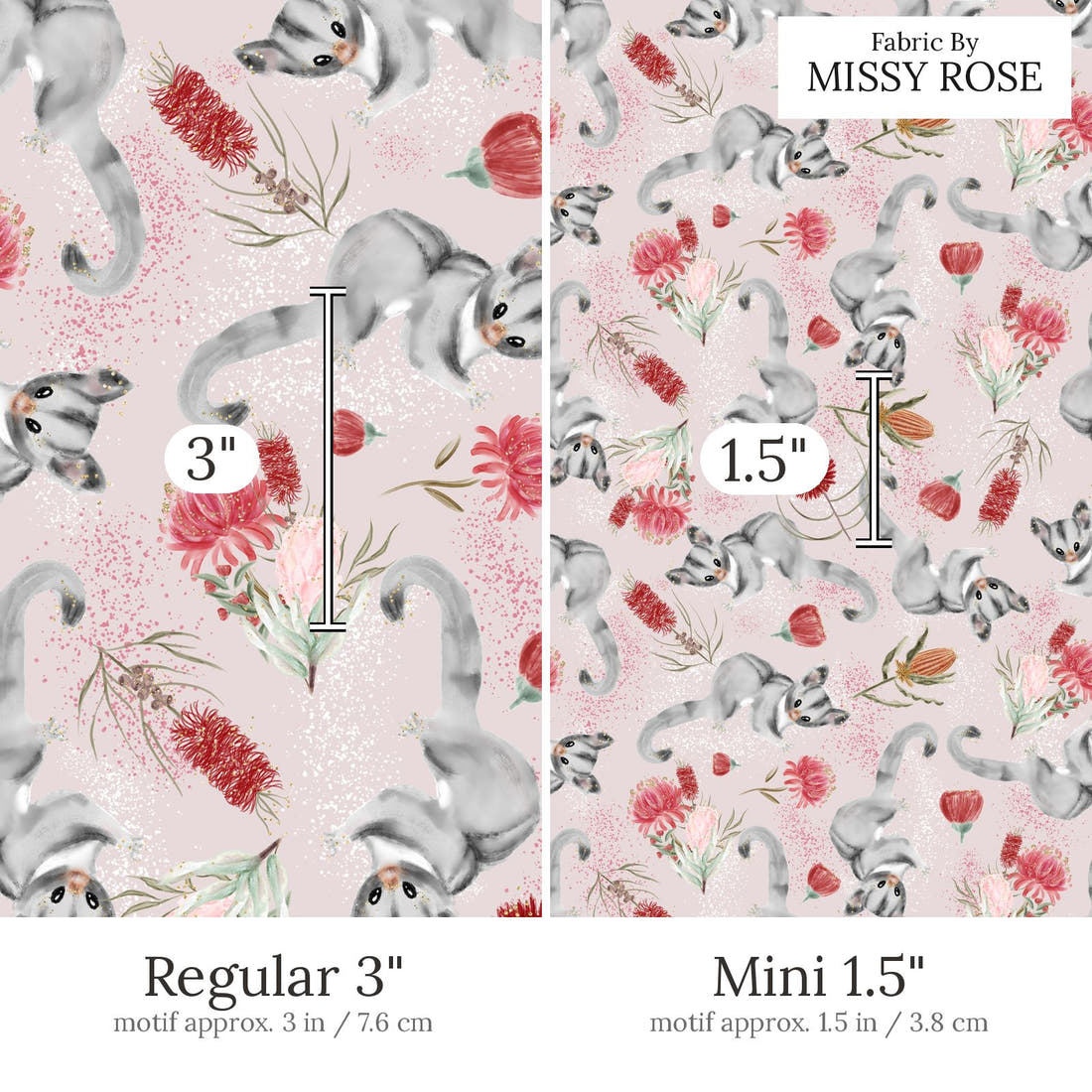 Design 616 Sugar Glider Fabric Regular 3 inch vs Mini 1.5 inch print scale side by side | Fabric by Missy Rose