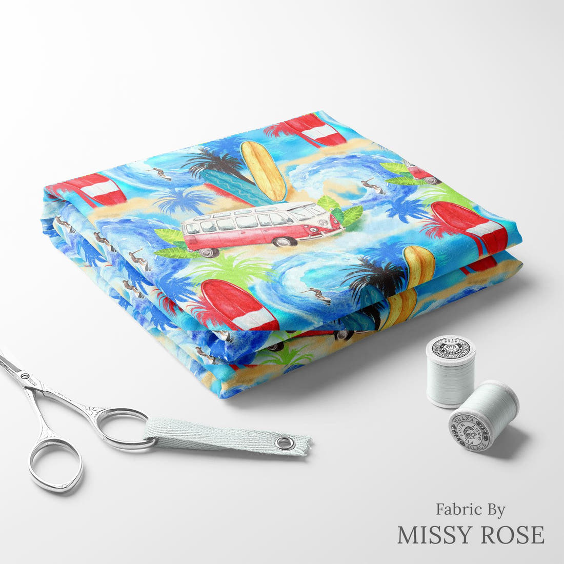 Design 617 Beach Fabric folded fabric stack with matching thread – pre-order fabric Australia | Fabric by Missy Rose