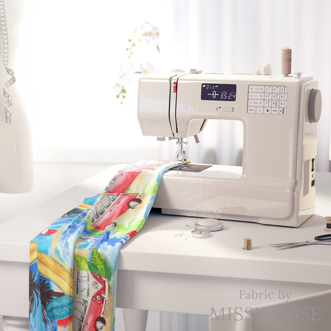 Design 617 Beach Fabric on a sewing machine – premium fabric for sewing projects | Fabric by Missy Rose