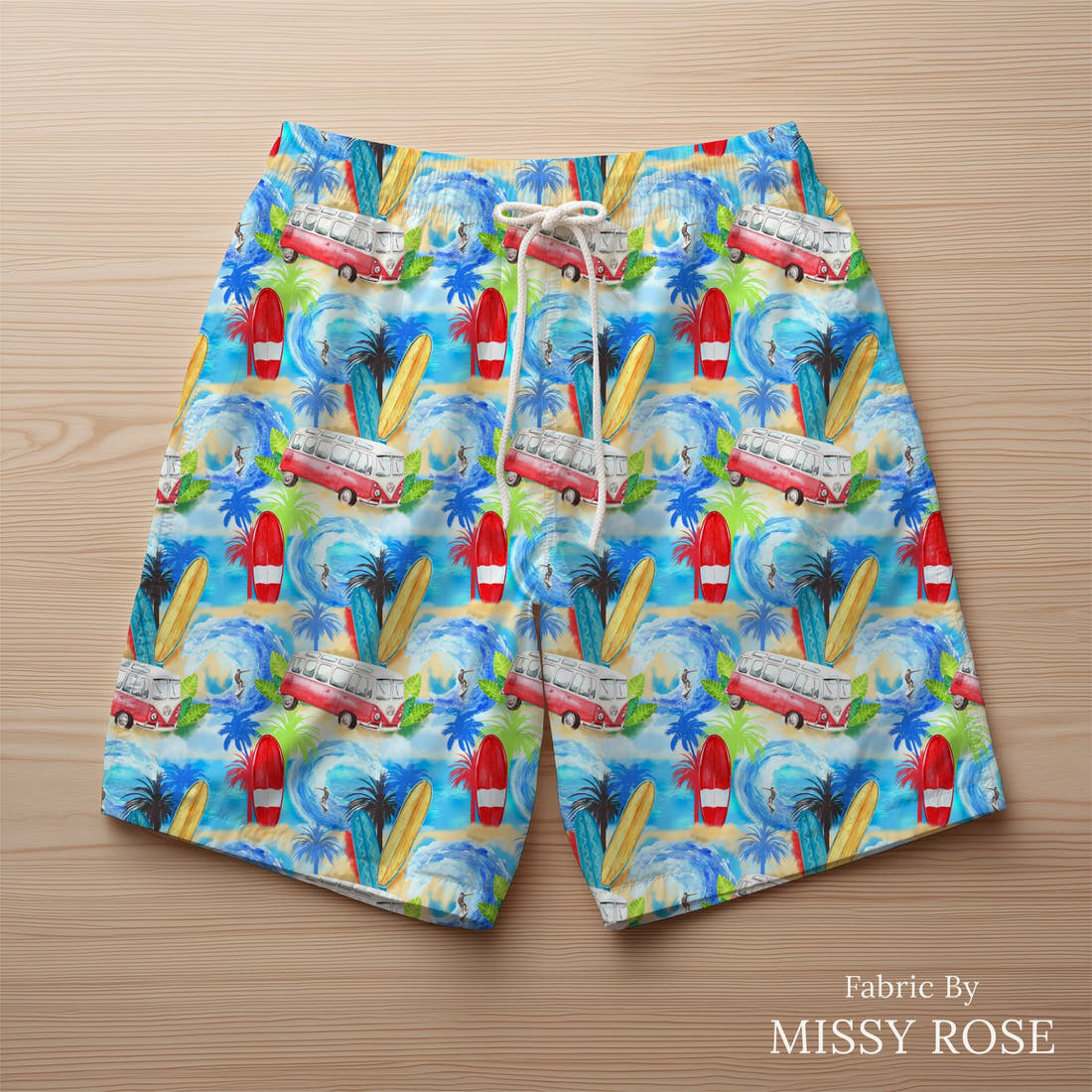 Design 617 Beach Fabric sewn into swim shorts – see how the print looks made up | Fabric by Missy Rose