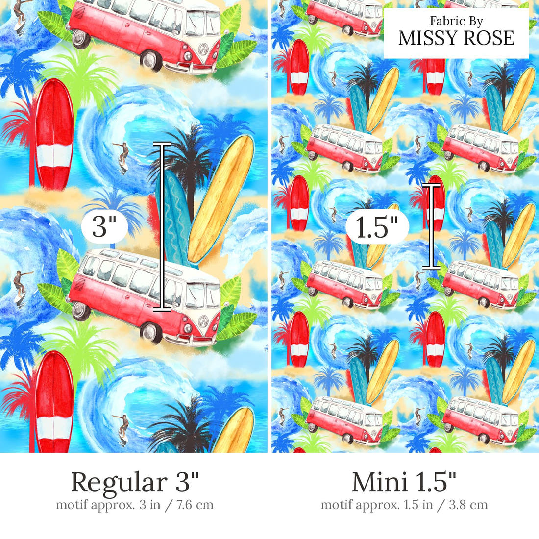 Design 617 Beach Fabric Regular 3 inch vs Mini 1.5 inch print scale side by side | Fabric by Missy Rose
