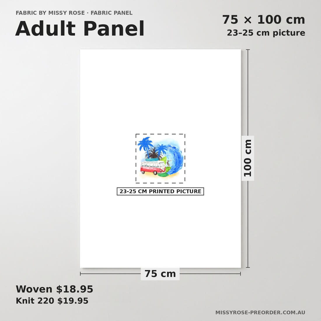 Design 617 Beach Panel adult panel sizing – 23–25 cm printed picture on 75 × 100 cm fabric | Fabric by Missy Rose