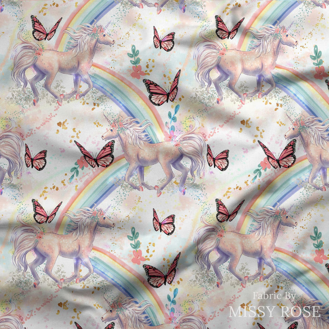 Design 618 Beautiful Unicorn Fabric draped fabric mockup – custom printed fabric by the metre | Fabric by Missy Rose