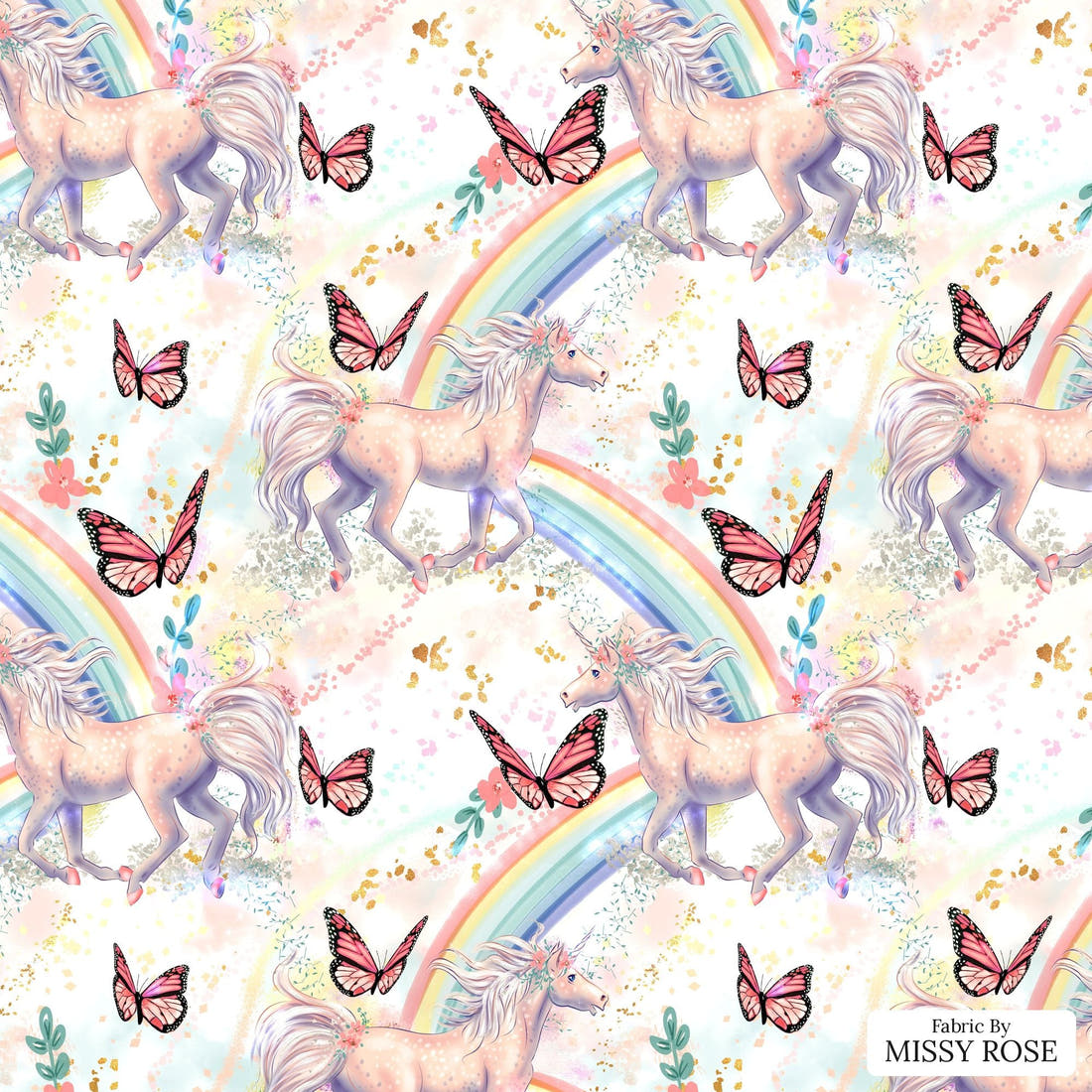 Design 618 Beautiful Unicorn Fabric - flat view of the print, zoom in for detail | Fabric by Missy Rose