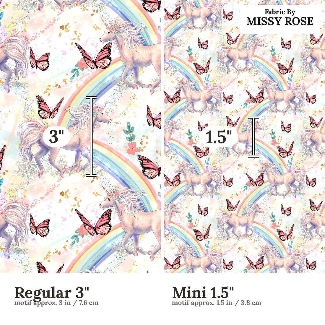 Design 618 Beautiful Unicorn Fabric size comparison - print scale | Fabric by Missy Rose